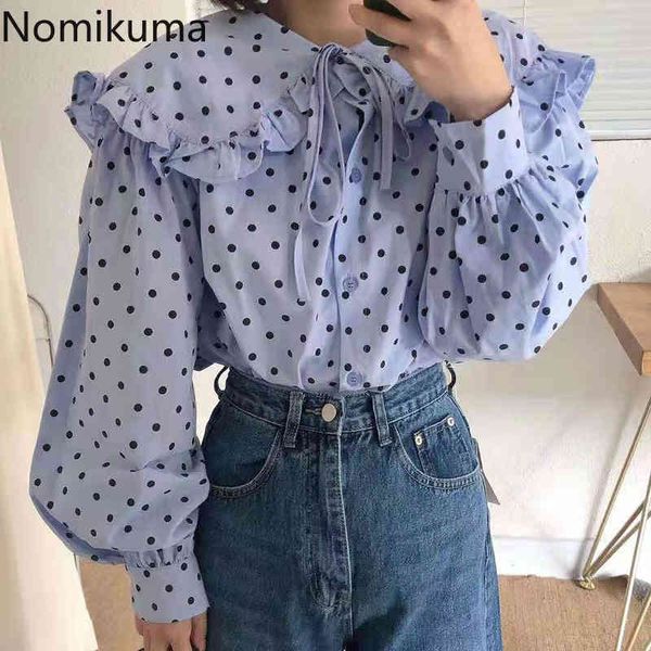 

nomikuma korea dot causal women blouse bow tie ruffle peter pan collar shirt spring new puff long sleeve blusas mujer 6d900 210427, White