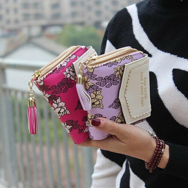 

wallets 2021 women's cute fashion purse leather short tassel zip wallet coin card holder soft phone female clutch, Red;black