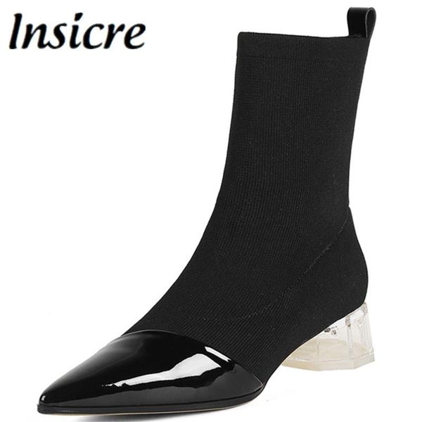 

boots insicre elegant fashion concise women ankle knitting genuine leather thick heels office lady autumn party dress shoes, Black