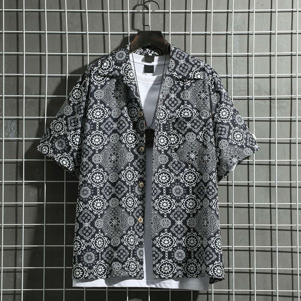 

men's casual shirts shirtguochao ethnic style printed short sleeve shirt and women's trendy hip hop loose bf couple coat wkzm, White;black