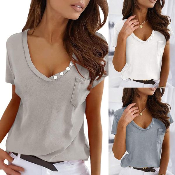 

women's blouses & shirts casual solid female blouse button v-neck loose short sleeve office lady clothing, White
