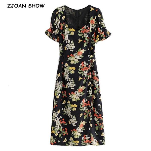 

casual dresses 2021 spring france vintage square collar puff short sleeve flower print midi women tie bow sashes ruched hem slit 1, Black;gray