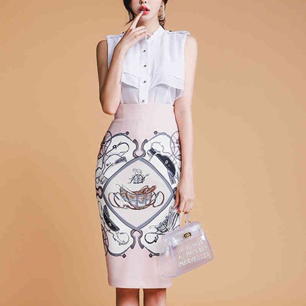

single-breasted tank vest shirt o neck mini print bag hip skirt knee length two piece set office lady korean t0143 210514, White