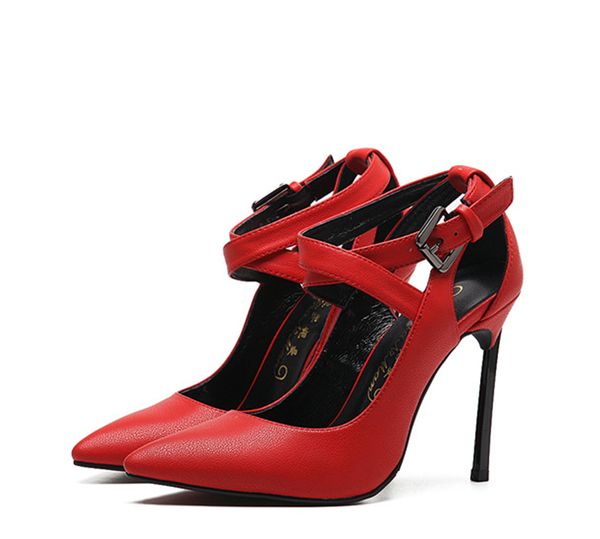 

sandals sheepskin leather women heels ankle buckle strap genuine pointed toe pumps high ladies shoes xf8x, Black
