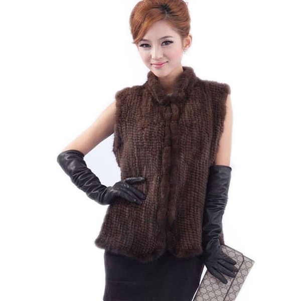 

women's fur & faux knit real mink vests women fashion stand collar natural waistcoats 2021 autumn winter collection, Black