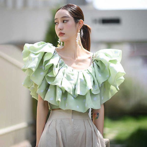 

fabpop print patchwork ruffles casual shirts for women o neck short sleeve hit color blouses females summer style gb726 210709, White