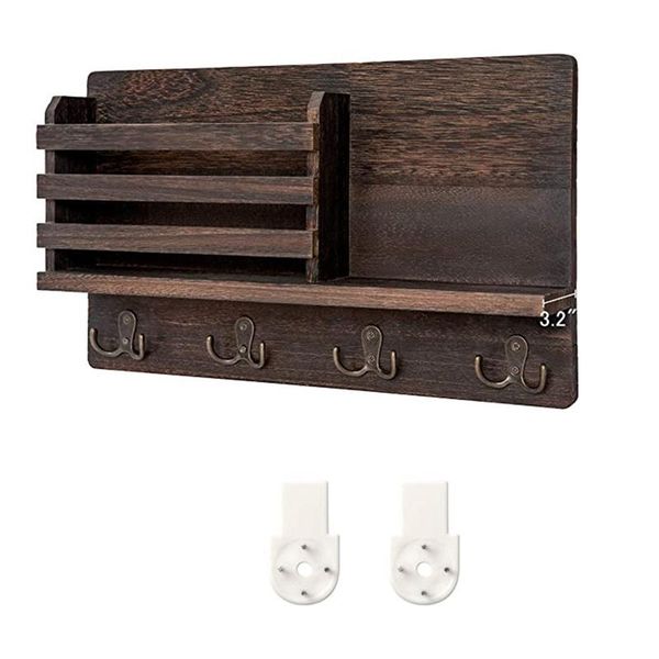 

hooks & rails wall mounted mail holder wooden sorter organizer with 4 double key and a floating shelf rustic home decor