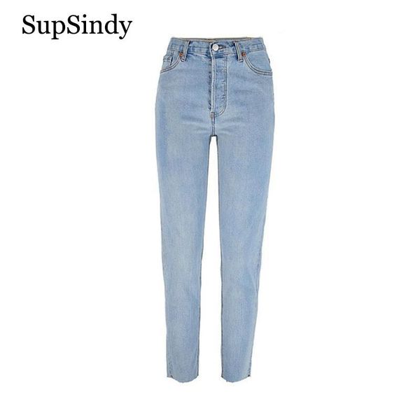 

women's jeans supsindy women european style high waist slim straight mom ladies casual for pencil pants denim trousers, Blue