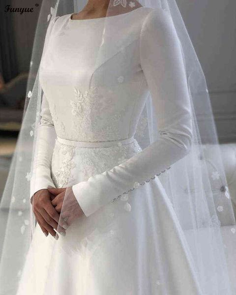 Vestido De Novia 2021 Lange Ärmel Muslim Brautkleid mit Schleier Applikationen Spitze Satin A-Linie Einfaches Brautkleid H0105