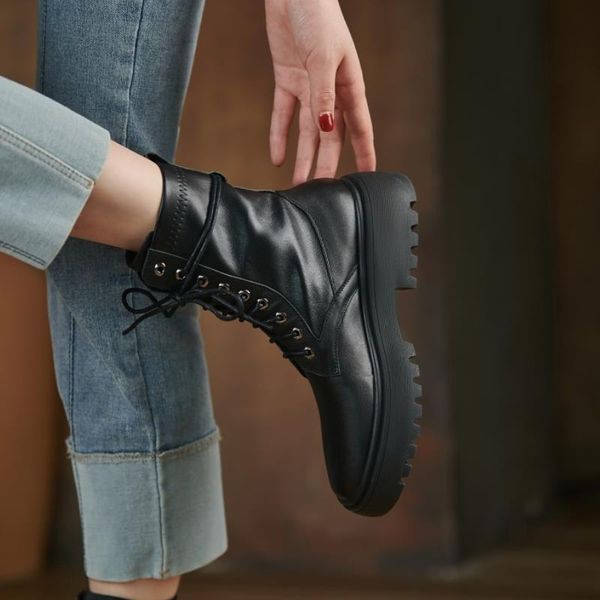 

2022 cow leather ankle boots for women round toe square heel cross strap solid fashion female footwear size 34-39, Black