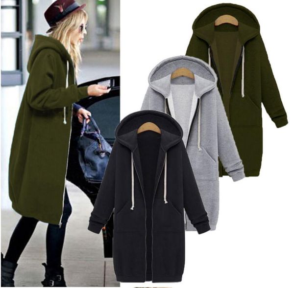 

solid color jacket with plush insert bag hooded zipper medium length sweater women 3304, Blue;black