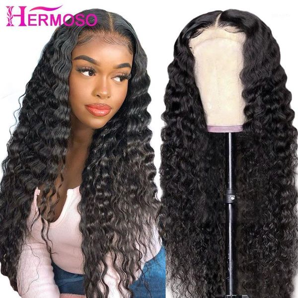 

deep wave lace frontal closure wig curly front brazilian human hair wigs for black women hermoso hair1, Black;brown