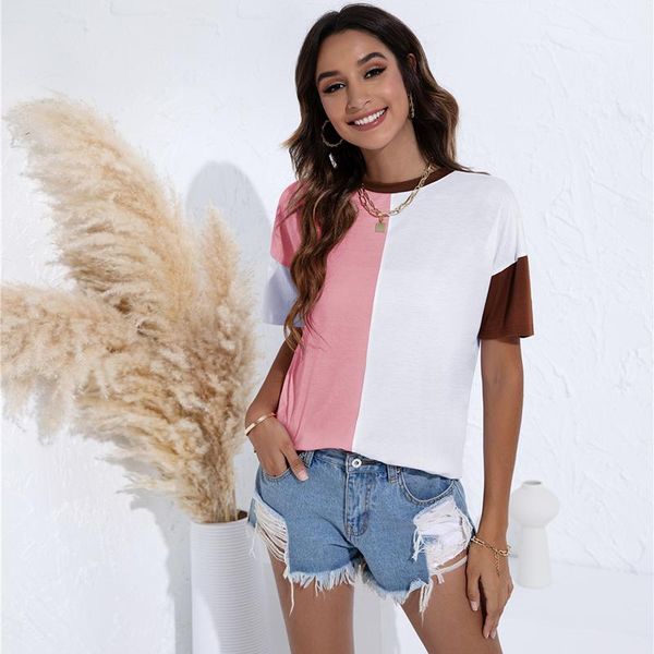 

women's t-shirt summer patchwork t shirt women contrast color o neck short sleeve casual streetwear female plus size tee shirts femme, White