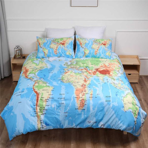 Мир карта одеяя чехол набор синий двойной королева король постельное белье набор односпальные односпальные постели домов для ребенка детский мальчик для мальчика для мальчика взрослый 210706