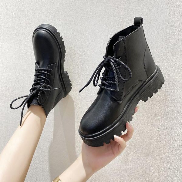 

boots rock shoes woman lace up boots-women round toe flat heel luxury designer 2021 autumn med fashion ladies basic cross-tied cotton, Black