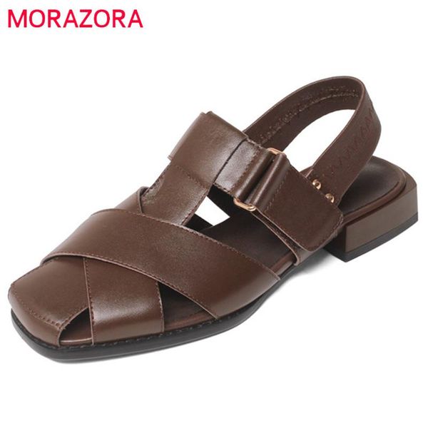 

sandals morazora 2021 genuine leather shoes women rome hollow out comfortable low heel casual woman black