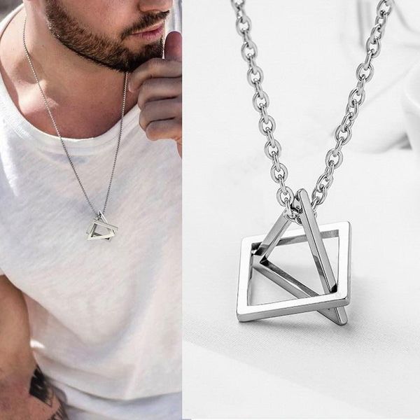 

pendant necklaces simple interlocking square triangle necklace for men women stainless steel trendy geometric stacking streetwear, Silver