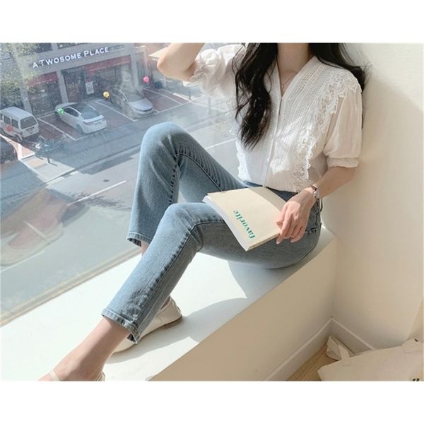 

embroidery lace shirt summer femme casual white women short sleeve linen cotton girls blouse plus size blouses 210423, Black