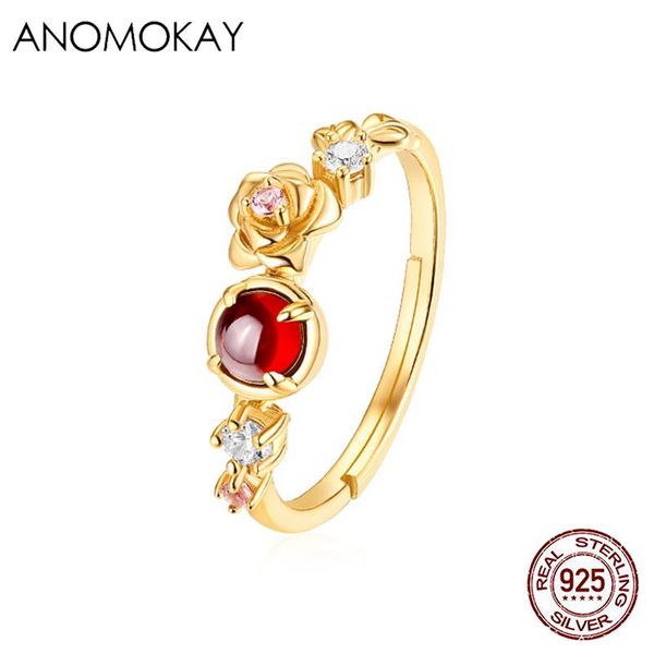 

cluster rings anomokay trendy resizable red natural garnet flower 925 sterling silver gold color ring for wedding anniversary party, Golden;silver