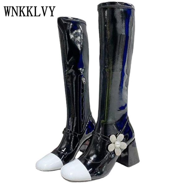 

boots long women autumn winter patent leather chunky heel knee high flowers decor retro all match stretch, Black