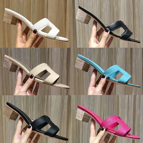 

women designer slipper oran slides mid-heel sandal ladies genuine calfskin shoes fashion outdoor brown black beach flats with box 278