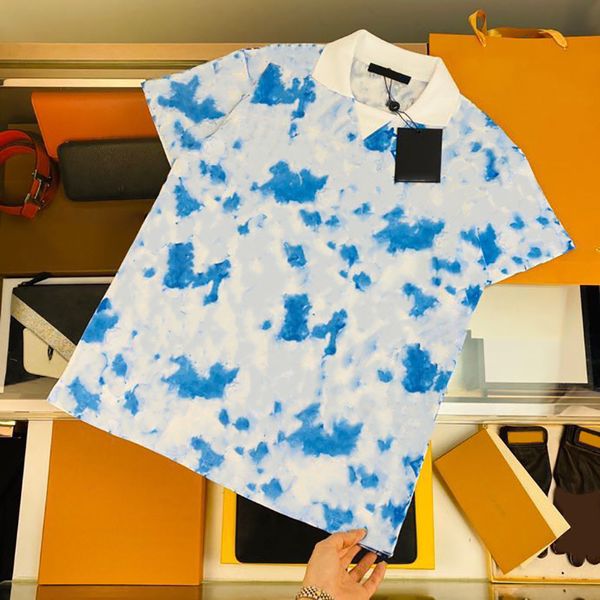 

2021 summer men short sleeves fashionable loose polo t-shirt blue ink splash print shirt casual couples dress, White;black