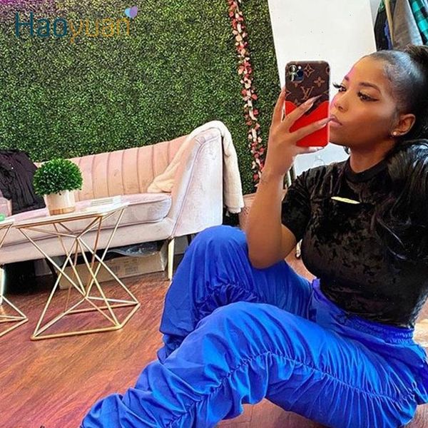 

women pant plus size high waist ruched cargo pants elastic joggers neon green black summer hip hop trousers loose sweatpants, Black;white