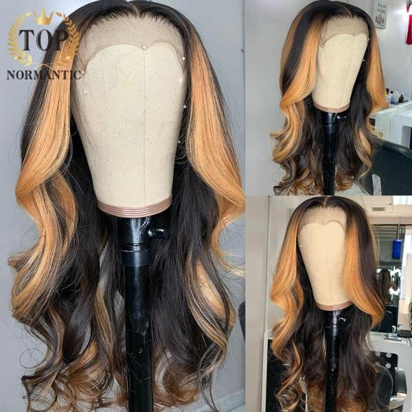 

lace wigs ormantic highlight front human hair wig honey blonde brown pre plucked brazilian remy natural for women, Black;brown