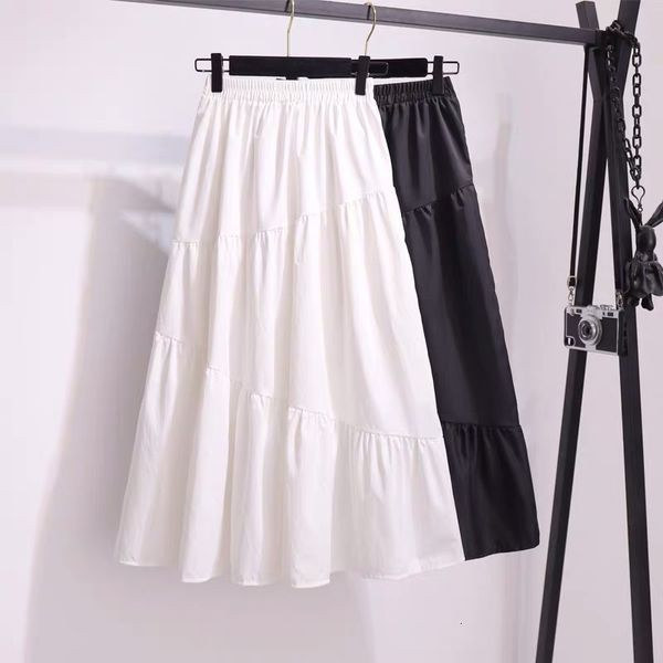

skirts white female summer 2021 korean high medium length a-line elastic waist fairy long skirt, Black