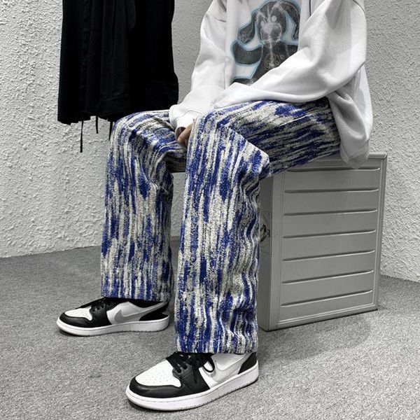 

men's jeans casual trendy retro pants washed loose denim trousers, Blue