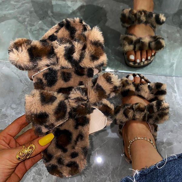 

women fashion winter furry leopard bow slippers soft warm flats rubber sole non slip home slides casual ladies female shoes, Black
