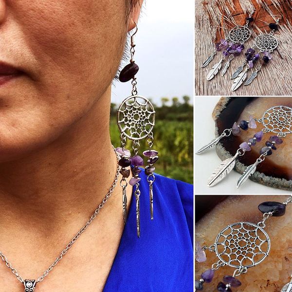 

party favor gothic dream catcher earrings female amethyst beads feather leaf pagan