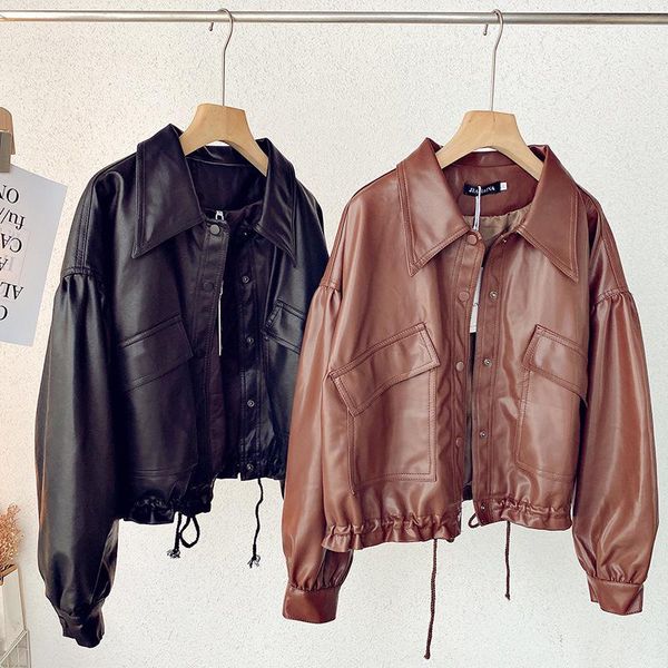 

women's jackets vintage autumn winter women pu casual drawstring design streetwear sarafi style female loose solid coats, Black;brown