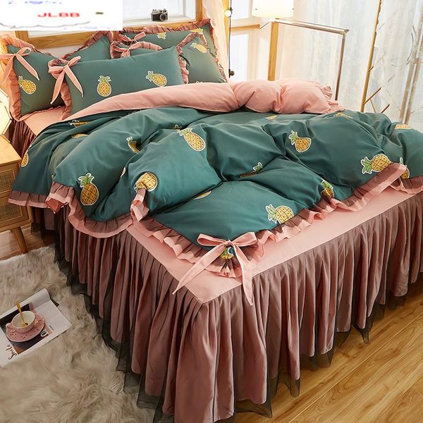 

bedding sets pineapple set full  king bedspread princess duvet cover pillowcase girls lace pink bed skirt luxury bedclothes
