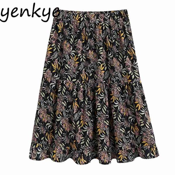 

vintage floral print skirt women elastic high waist a-line mini streetwear female summer casual faldas mujer 210514, Black