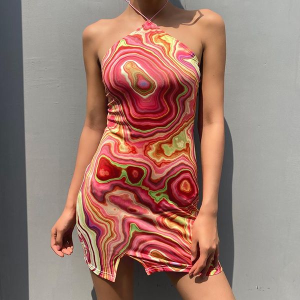 

casual dresses wave print backless halter dress women party summer sleeveless short elegant y2k 90s fashion streetwear, Black;gray