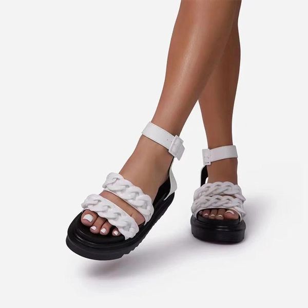 

sandals 2021 women buckle metal woman chain platform flat shoes female pu leather peep toe ladies summer plus size footwear, Black