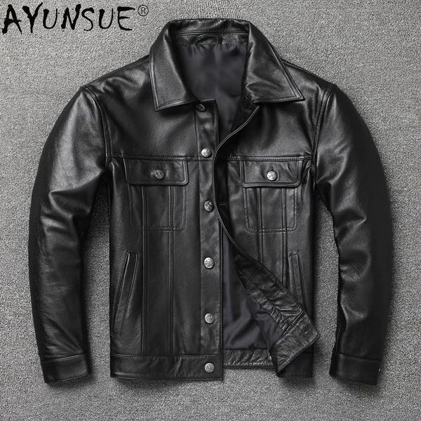 

men's leather & faux ayunsue genuine jacket men short cowhide coat korean mens jackets spring autumn 2021 hommes veste, Black