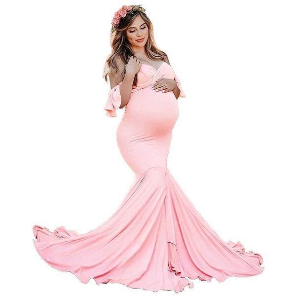 

shoulderless maternity dresses for p shoot ruffles sleeve pregnancy dress new maxi gown pregnant women pgraphy prop y0924, White
