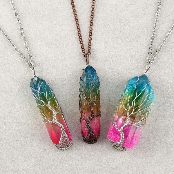 

pendant necklaces natural crystal wire wrapped tree of life titanium coated rainbow rock quartz chakra necklace irregular jewelry, Silver