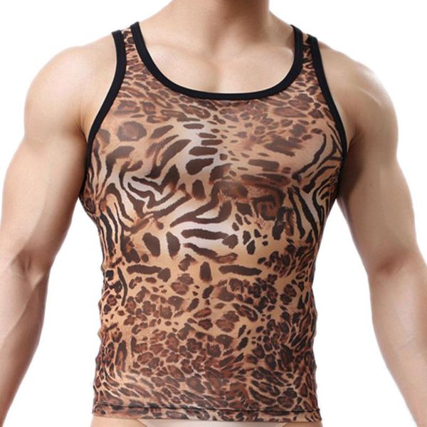 

men's t-shirts clothing fashion leopard print see through sheer mesh tees u neckline sleeveless stretchy muscle tank t-shirt, White;black