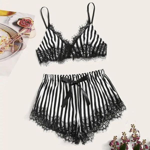 

bras sets lingerie bra set women lace satin wireless pajamas sleepwear bowknot shorts fashion 2021 b4, Red;black