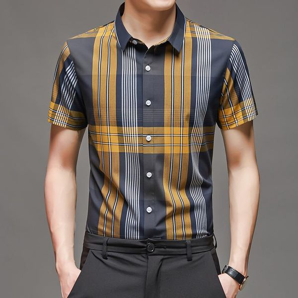 

men's casual shirts plaid for men summer short sleeve business formal dress slim fit streetwear shirt social office clothes, White;black