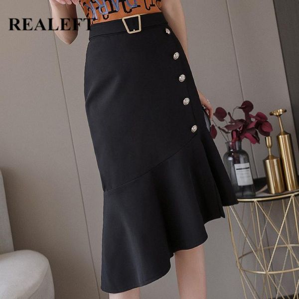 

skirts realeft 2021 spring summer work wear sheath wrap midi single breasted elegant korean ol style ruffles pencil, Black