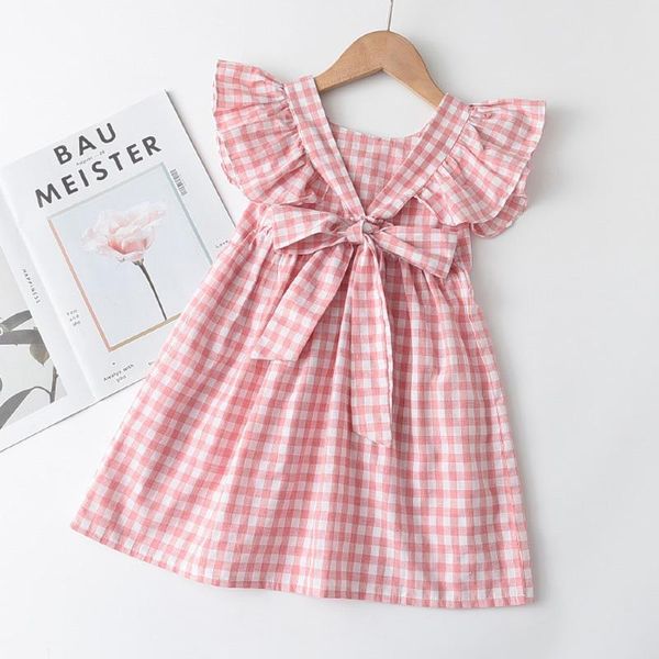 

girls casual dress kids sleeveless costume sweet plaid dresses children bow-knot clothing suits 3-7 years, Red;yellow