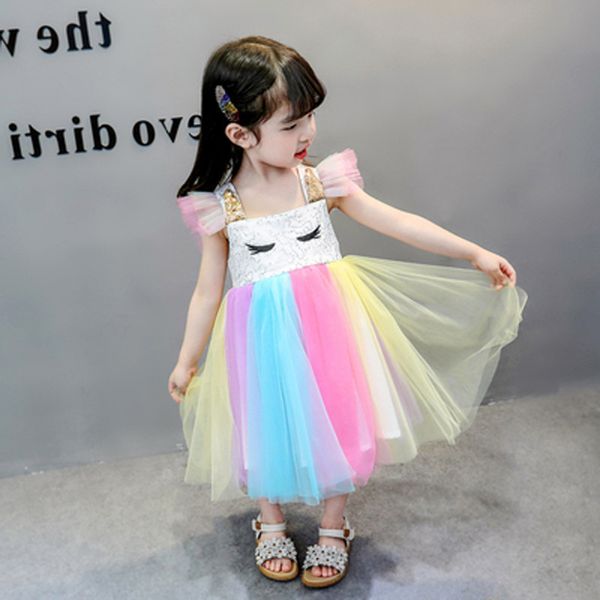 Abito estivo per bambina Abito tutù in maglia arcobaleno Toddle Abiti carini per bretelle per feste Abito da principessa per bambini Abbigliamento per bambini