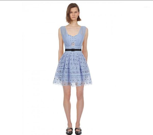 

two piece dress sp light blue dot sleeveless stitching open back lace, White