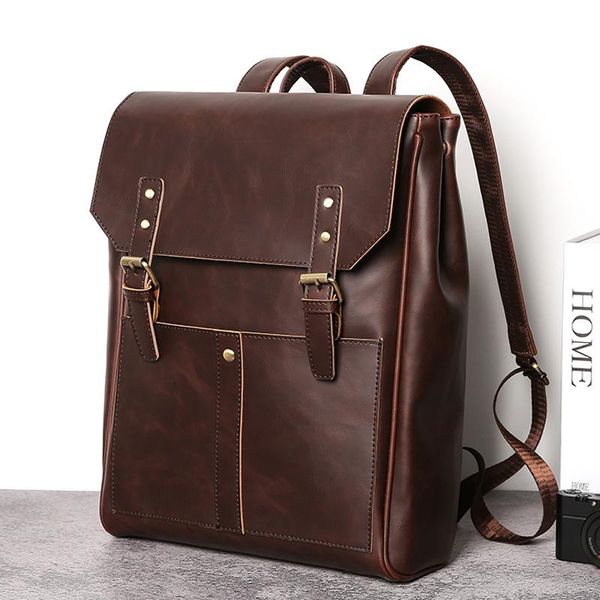 

backpack men women retro style crazy horse pu leather casual shoulder bag large capacity brown bookbag harajuku chool