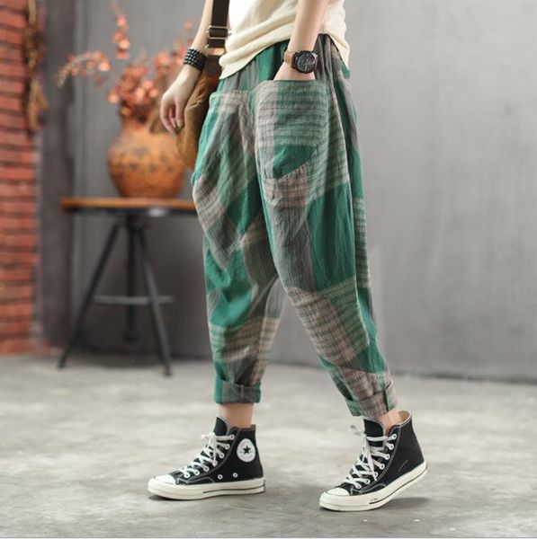 

women's jeans spring autumn pants women plaid loose pockets casual elastic waist female full-length explosive tide, Blue