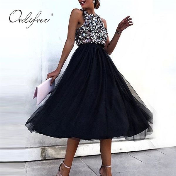 

summer women sleeveless party dress black sequin tulle midi 210513, Black;gray